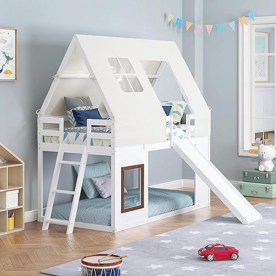 Kids Loft Bed with Slide & Tent