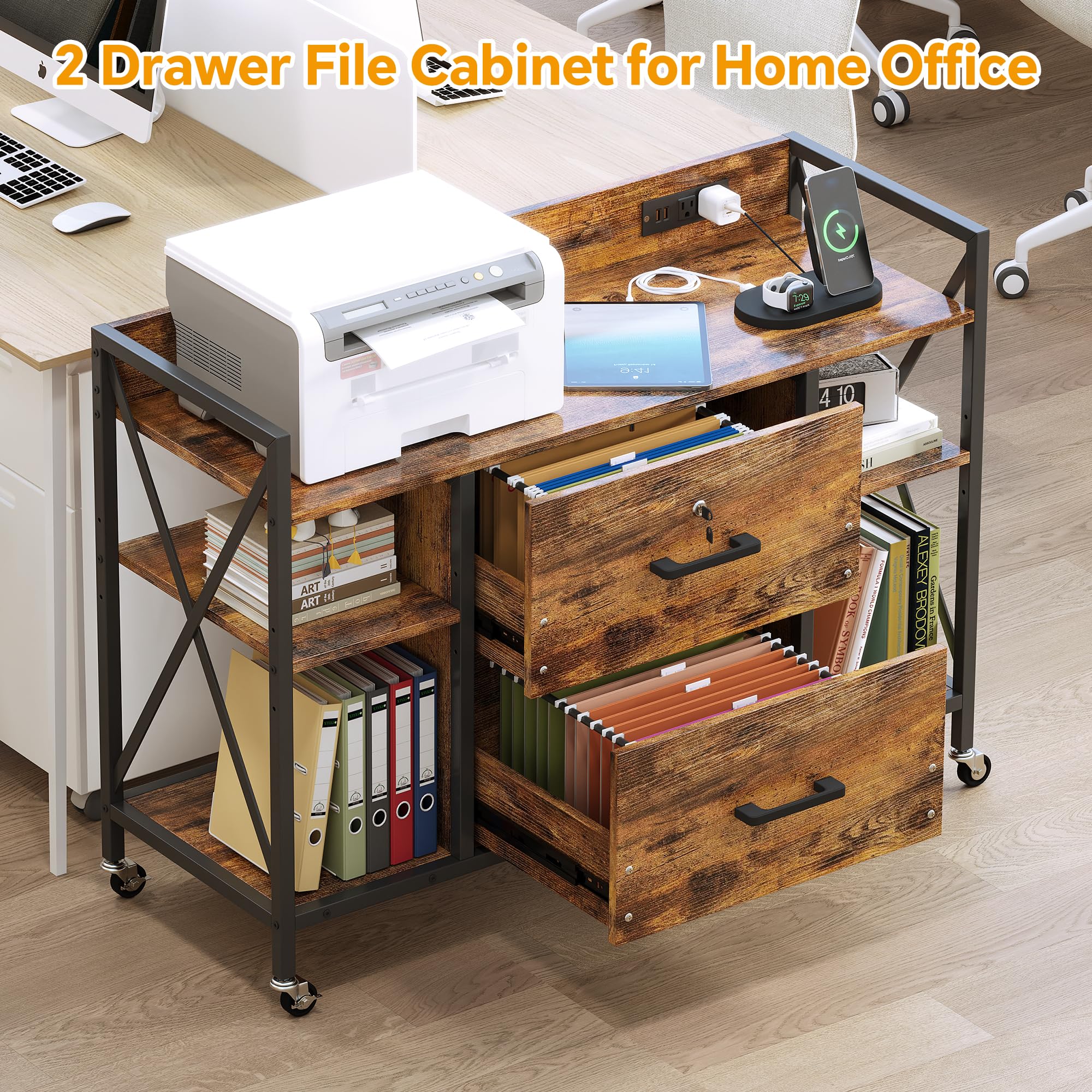 Rolling File Cabinet with Power Outlets & Locking Drawers