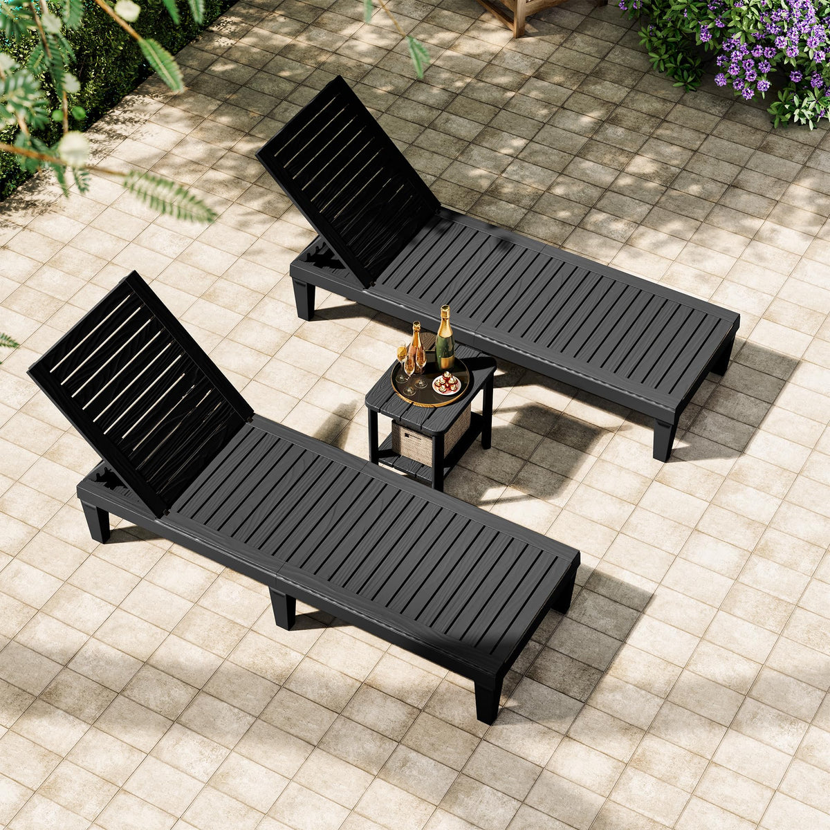 NUNU LAB Outdoor Chaise Lounge Chairs Set, Black and 1 Table, 2pcs