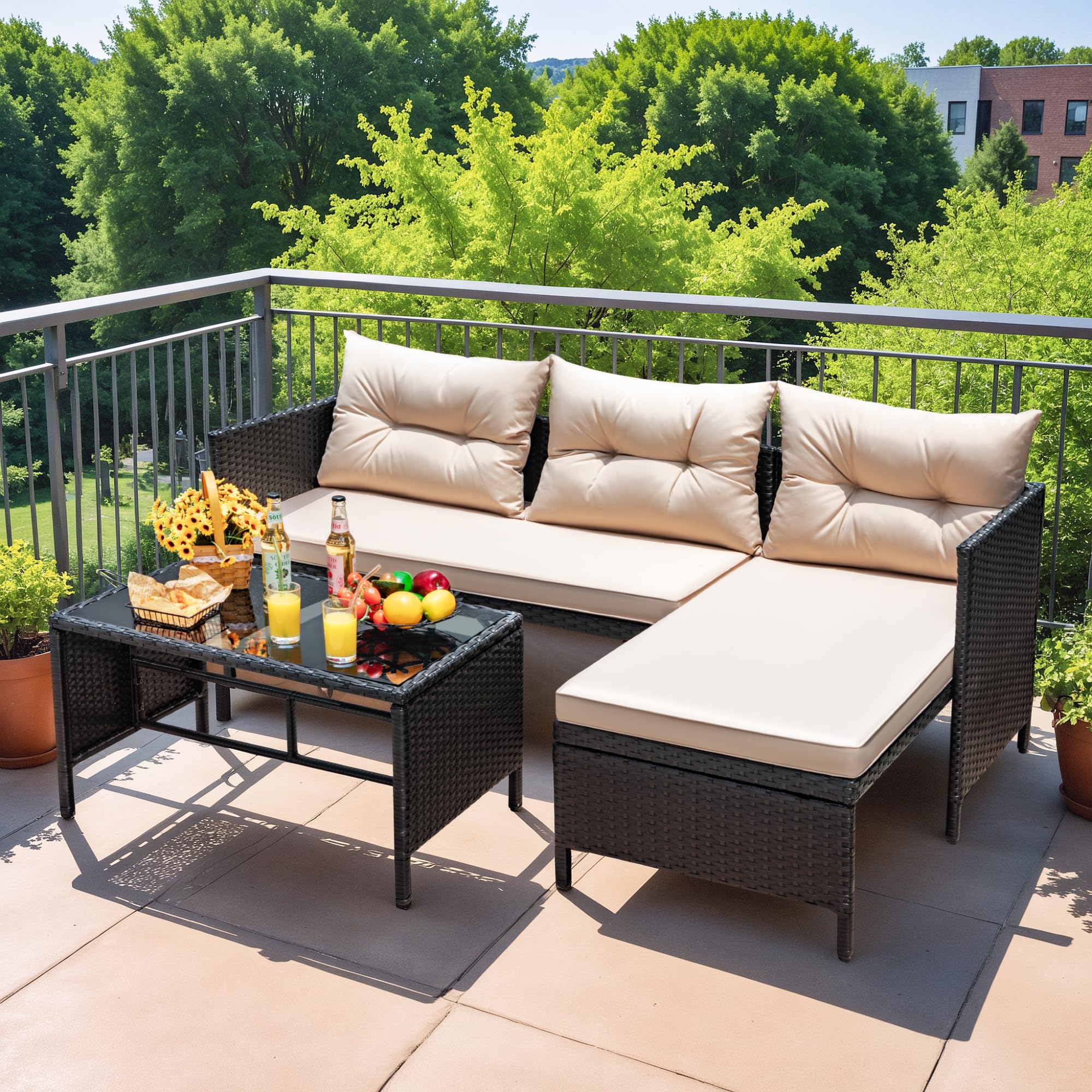 3-Piece L-Shaped Outdoor Sectional Sofa with Glass Table