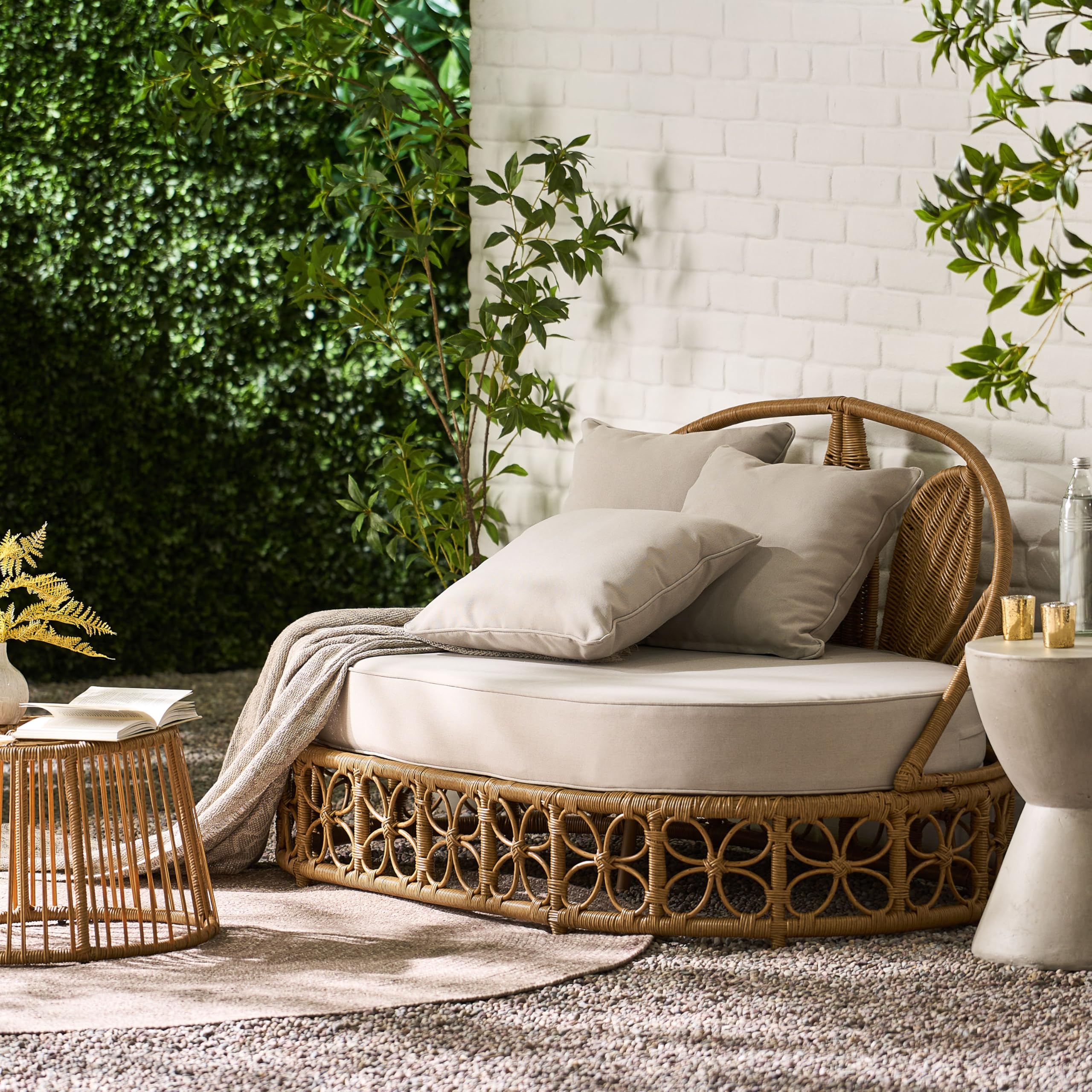 Merax Outdoor Wicker Daybed with Water Resistant Cushion and 3 Throw Pillows, Boho Patio 60" Rattan Sun Day Bed for Lawn Garden Backyard Pool, All-Weather, Light Brown