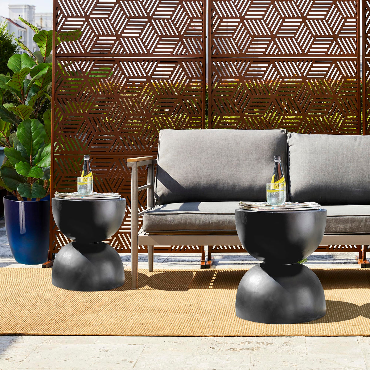 Glitzhome Outdoor Side Table, Round Small End Table with Terrazzo Finish MGO Hourglass Garden Stool, Set of 2 Lightweight Decorative Accent Table for Living Room Planter Stand Patio Pool Porch, Black