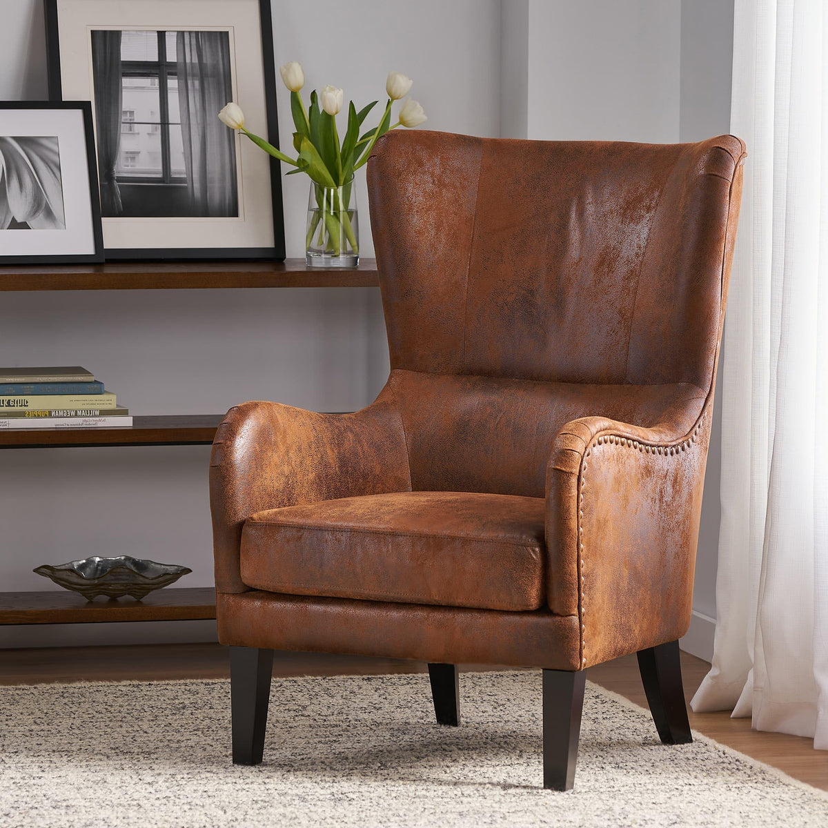 Brown Faux Leather Wingback Chair