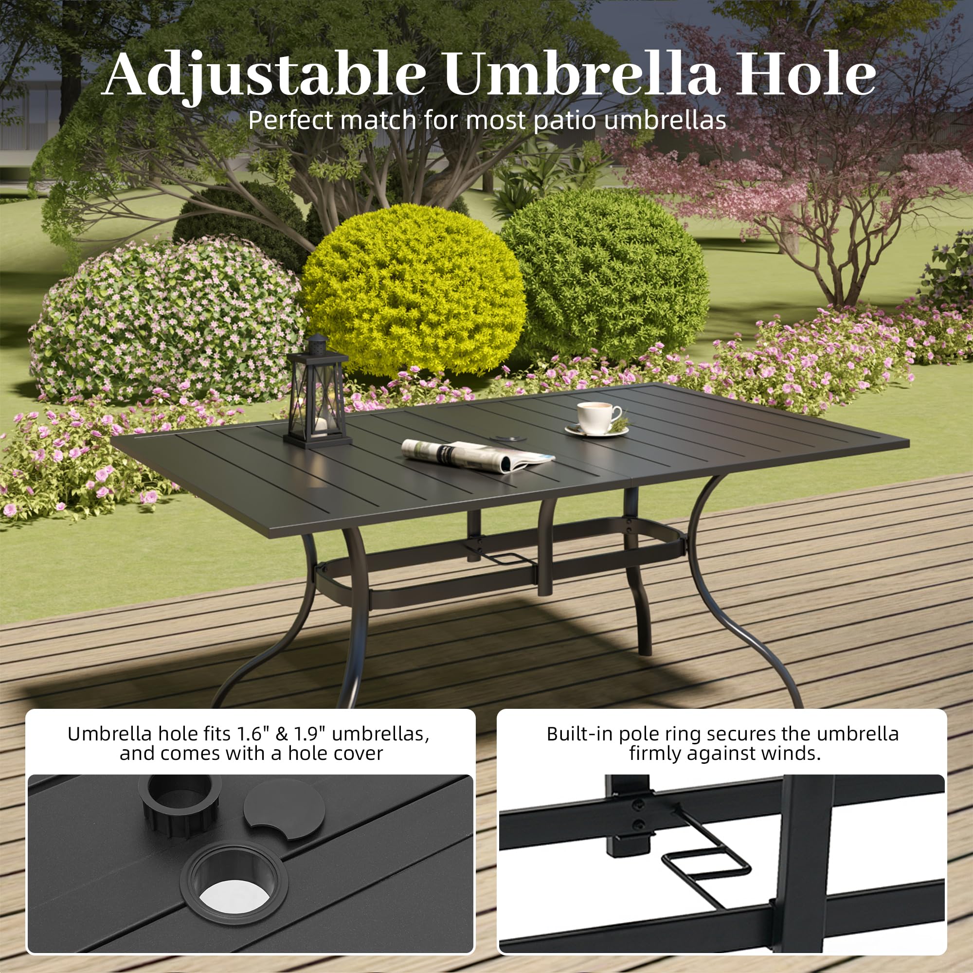 7-Pieces Patio Dining Furniture Set,63" Big Size Metal Patio Table with Umbrella Hole,Stackable 6pcs Outdoor Dining Chairs,Perfect for Garden Backyard Lawn Poolside