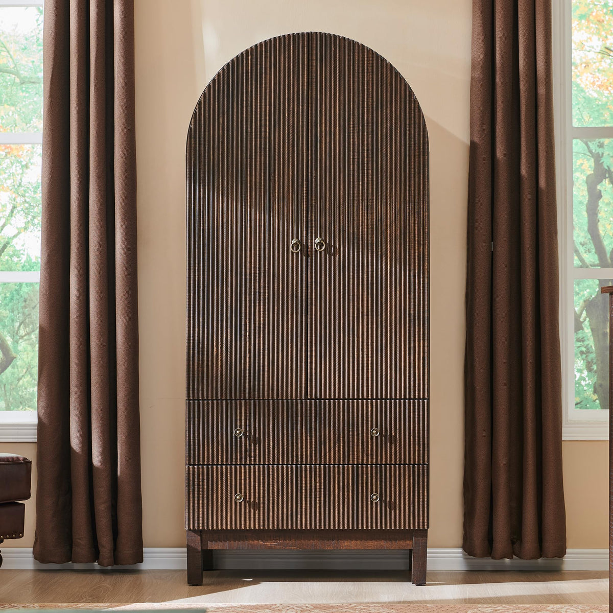 IFBUY 71" Tall Arched Bathroom Storage Cabinet, Modern Fluted Cabinet Storage with 4 Shlves and 2 Drawers, Floor Cabinet for Bathroom, Living Room, Kitchen, Brown