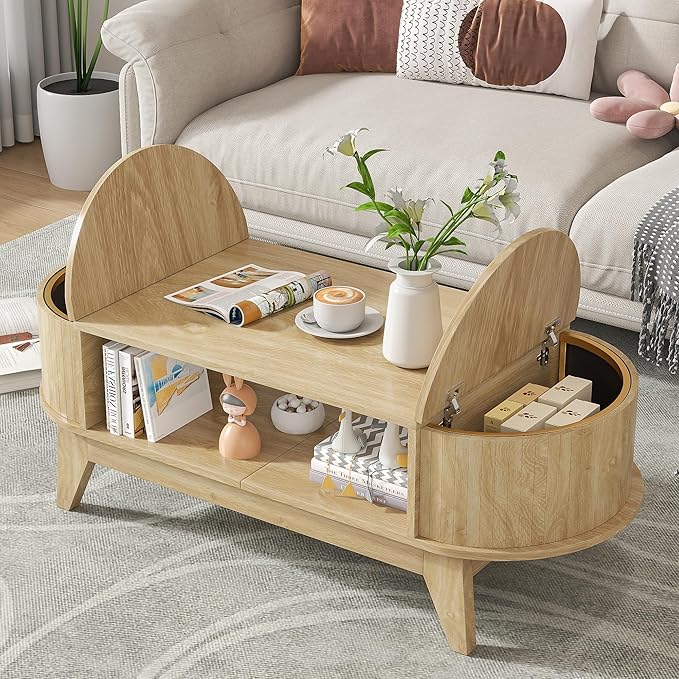 Oval Coffee Table with Flip-Top Hidden Storage