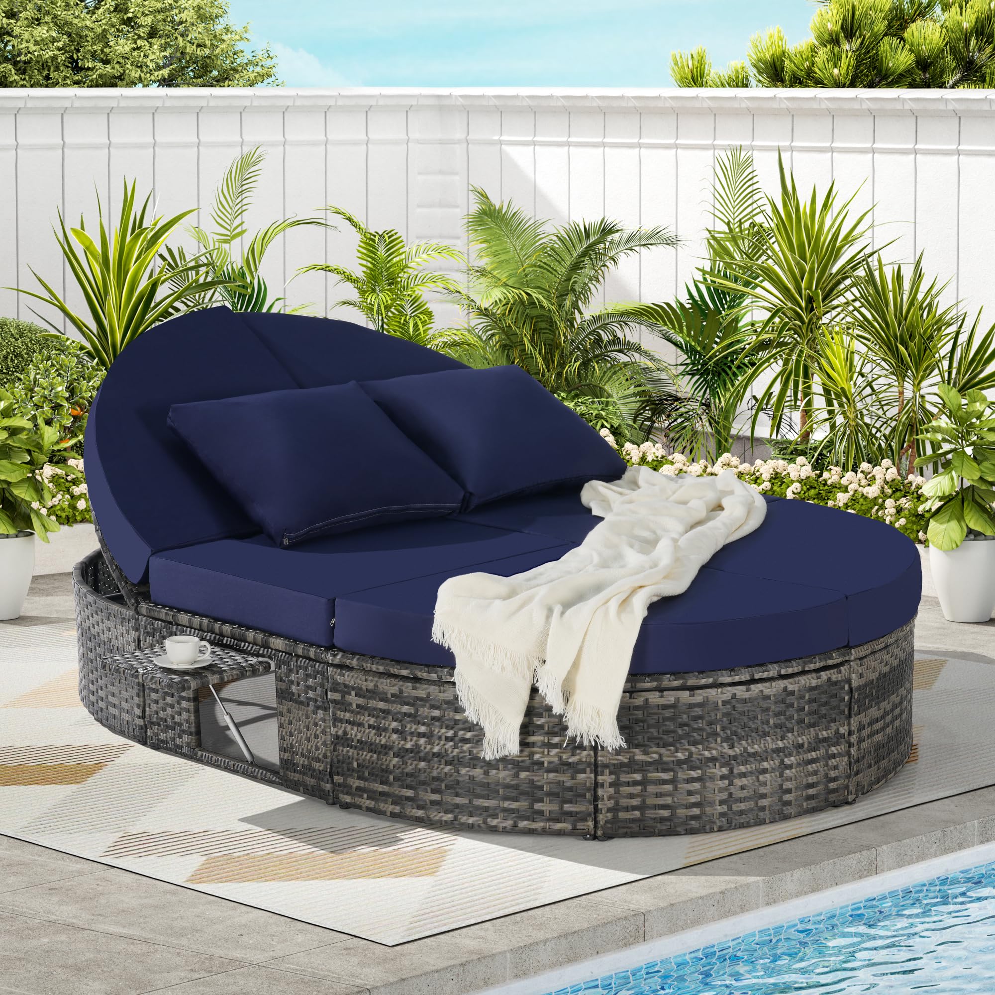 SOFTSEA Outdoor Daybed with Adjustable Backrest, Patio Oval Wicker Sun Bed with Foldable Cup Trays, Rattan Reclining Chaise Lounge with Cushion and Pillows for Lawn, Poolside, Dark Blue