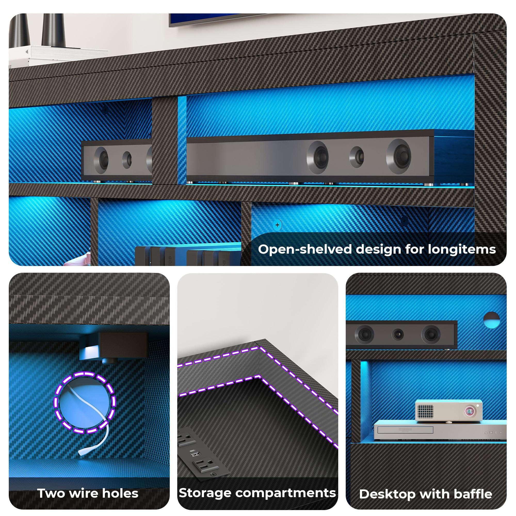 IRONCK TV Stand for 65 Inch TV, Carbon Fiber Entertainment Center with 2 Drawers, Charging Station & RGB LED Light, Gaming Media Console for PS4, Bedroom, Living Room, Black