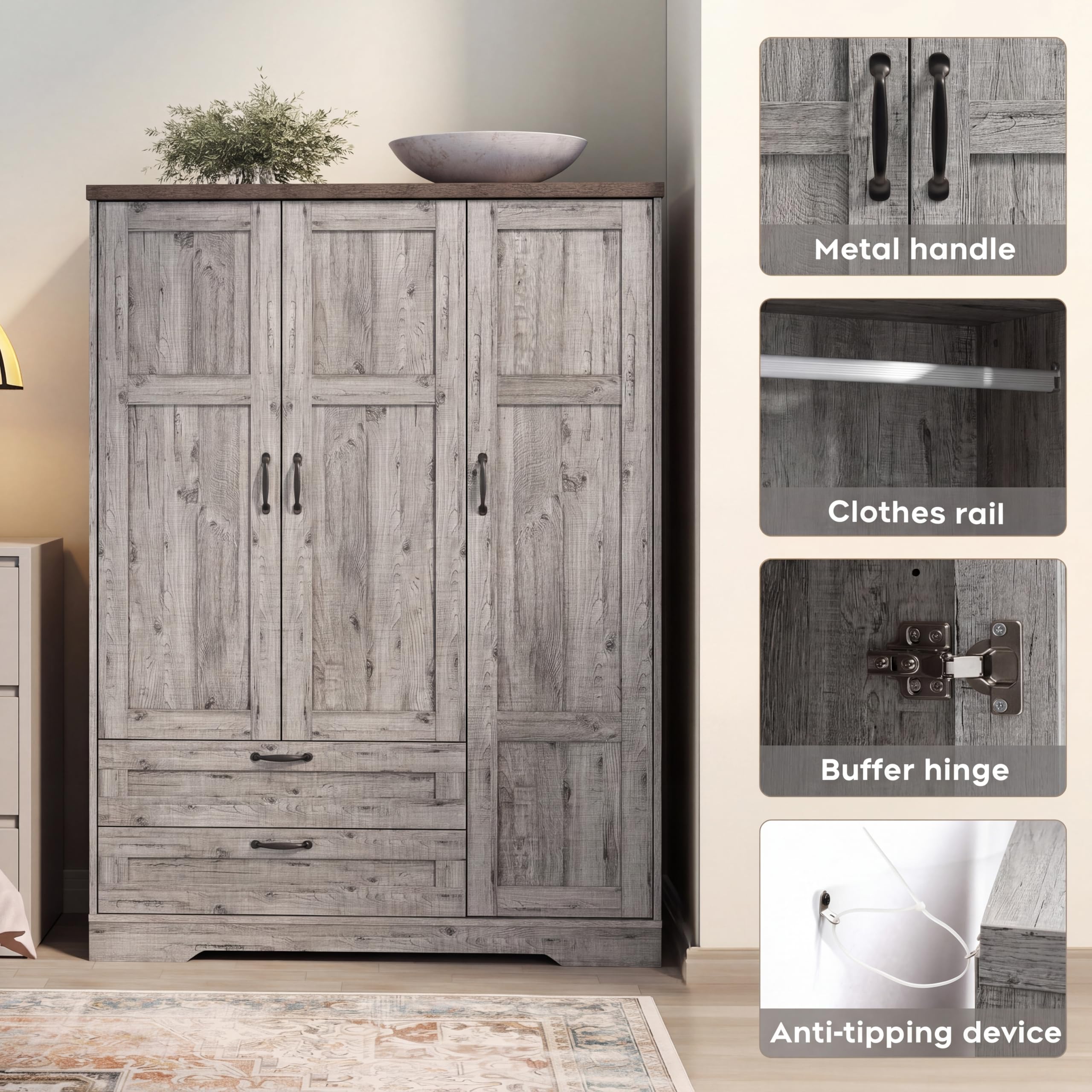 XIAO WEI Armoire Wardrobe Closet with 3 Door, Bedroom Wooden Armoires with Full Length Mirror, Large Clothing Storage Cabinet 2 Drawers, Hanging Rod, Shelves (Gray, 3 Door)