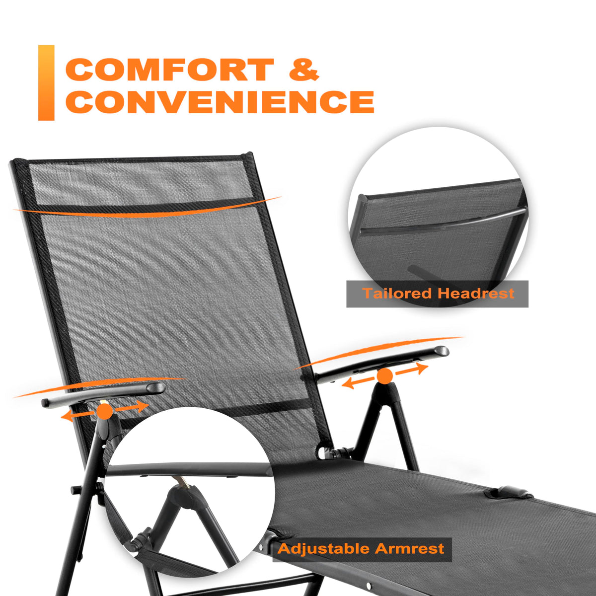 NUU GARDEN Outdoor Patio Lounge Chair, Patio Chaise Lounge Fully Assembled Chaise Lounge with Iron Frame and Textilene Fabric Lounge Chairs for Patio, Beach, Yard, Pool,Grey