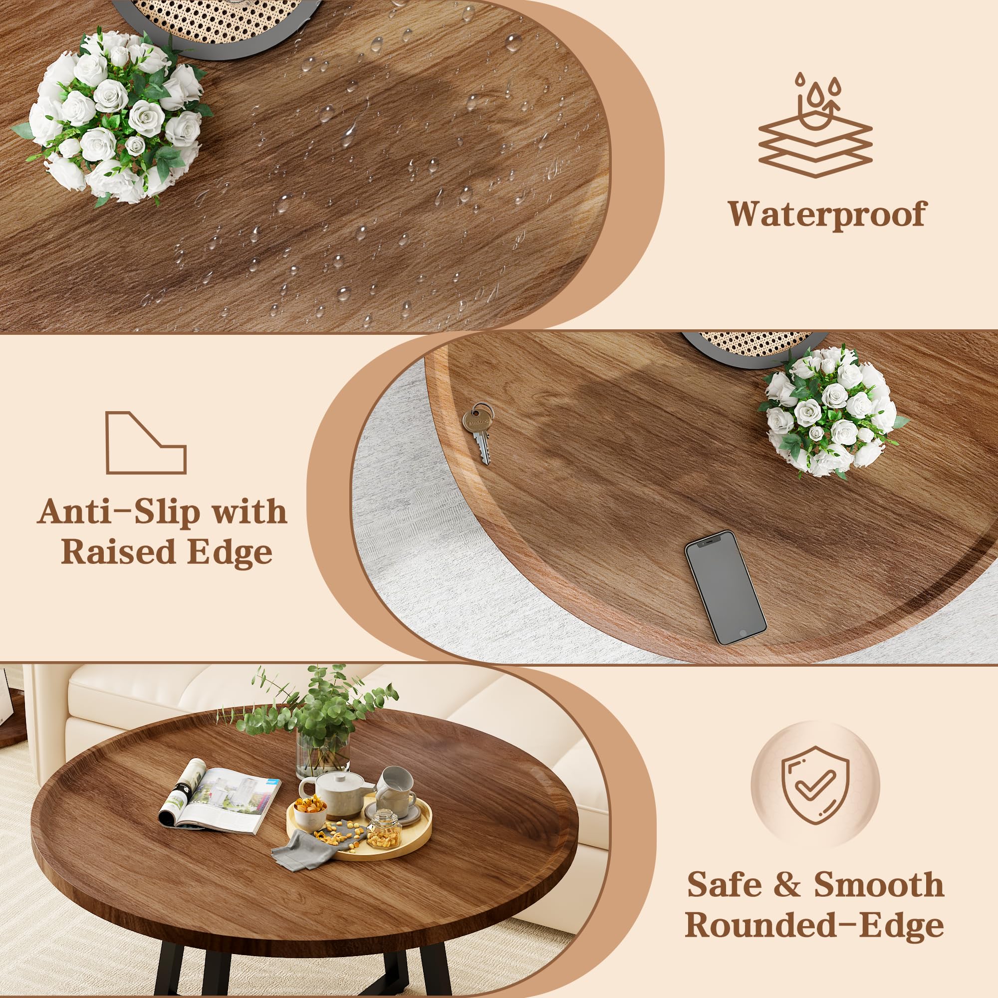 3-Piece Round Coffee Table & End Table Set – Vintage Industrial, Brown