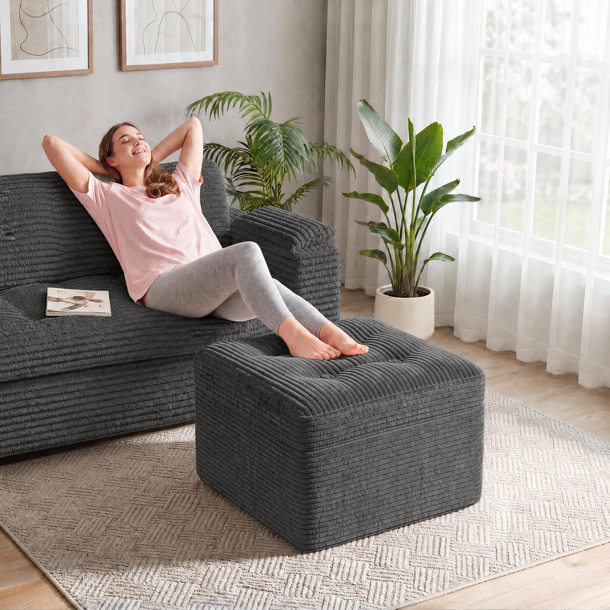 Fabulcozy 23.6in Pouf Ottoman, Corduroy Ottoman Foot Rest with Dual‑Layer Support, Large Plush Pouf with Soft Chunk‑Foam Top & Firm Foam Base, Floor Foot Stool for Living Room, Dark Grey