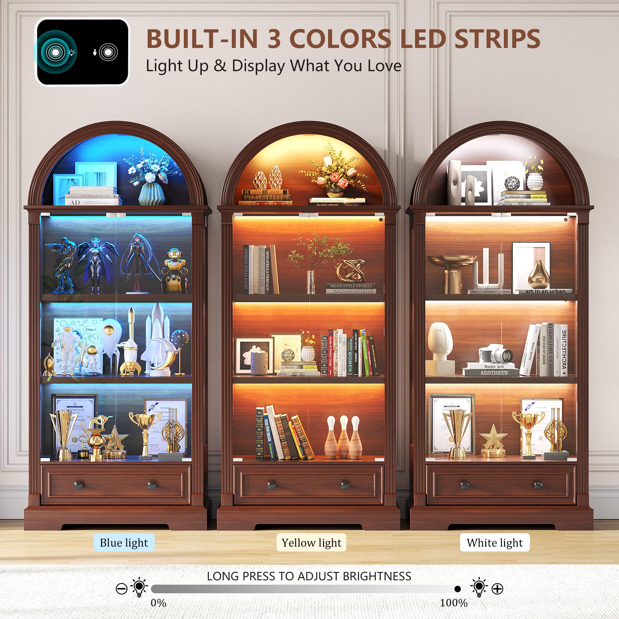 Arched Glass Display Cabinet with LED Sensor Lights, 4-Tier