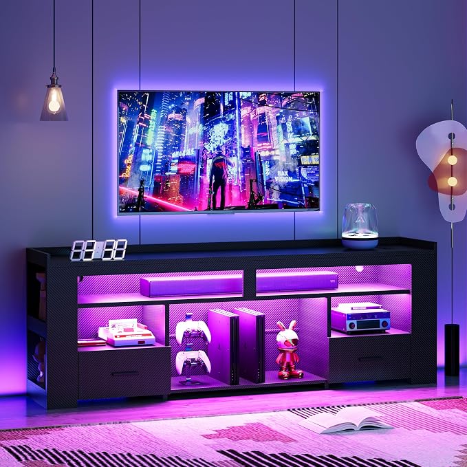 TV Stand with LED Lighting & Charging Station