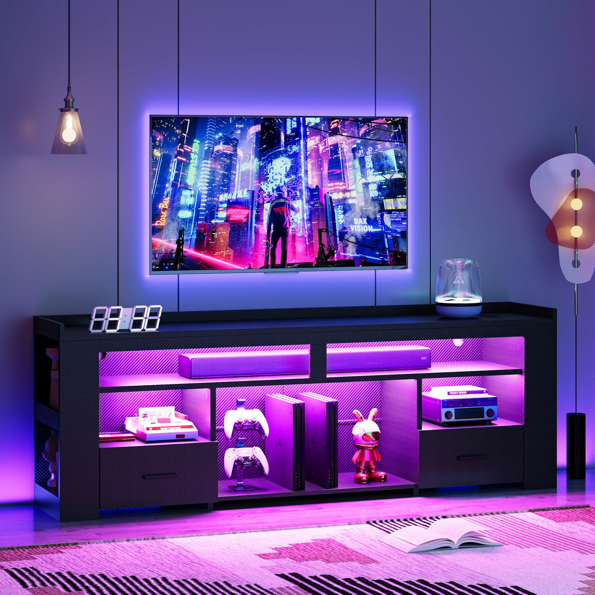IRONCK 71" TV Stand for 75 Inch TV, Carbon Fiber Entertainment Center