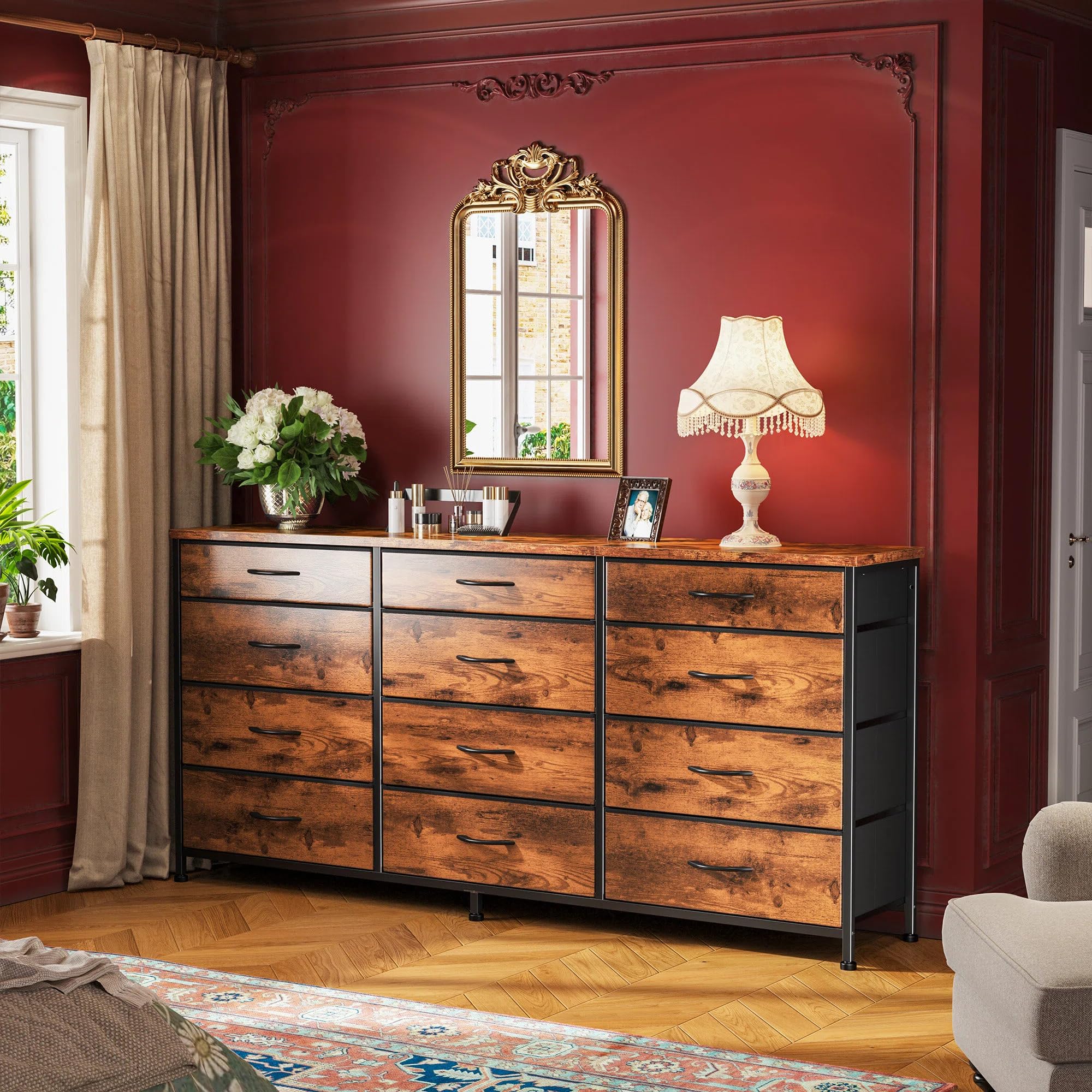 Romorgniz 55" Dresser for Bedroom with 12 Fabric Drawers, TV Stand for 60 inch TV Dressers & Chests of Drawers Large Organizer, Living Room, Metal Frame, Wood Top, Rustic Brown