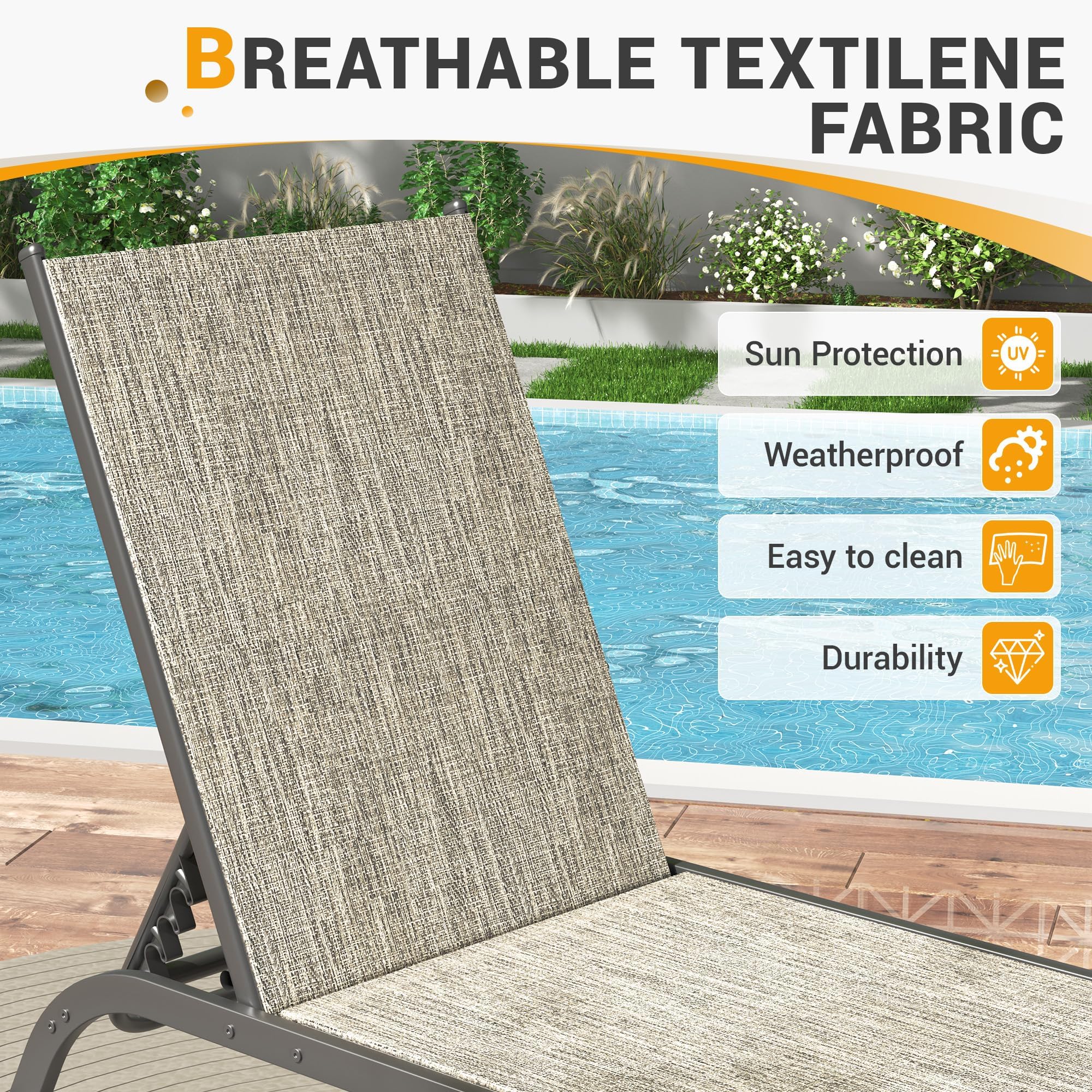UDPATIO Aluminum Patio Lounge Chairs Set of 2 for Outside with Coffee Table Poolside Chaise Chair with Cushion for Sunbathing 5 Adjustable Position Backrest Outdoor Lounger with Wheels