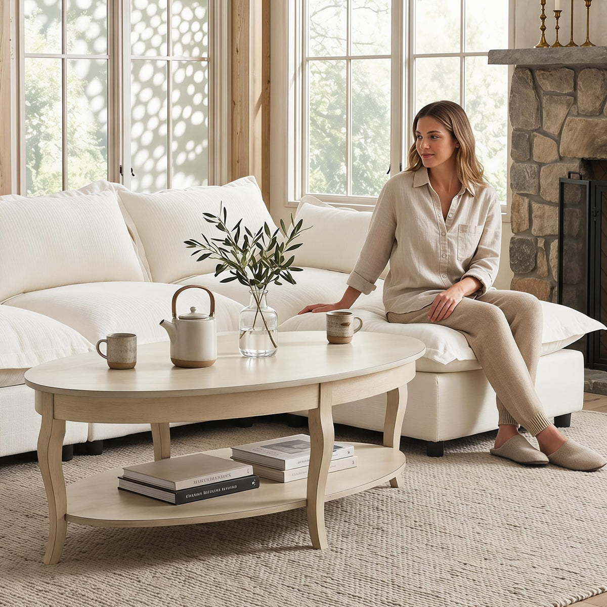 Faded White Oval Coffee Table with Storage