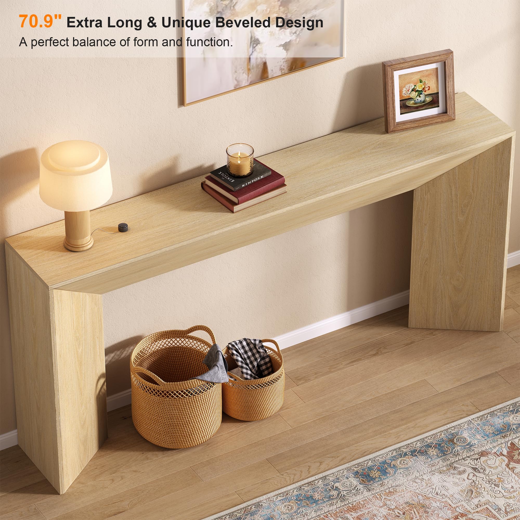knoworld 70.9 Inch Long Console Table, Farmhouse Entryway Table with Sturdy Triangular Base, Wood Narrow Behind Couch Sofa Table for Living Room, Hallway, Foyer, Natrual Oak