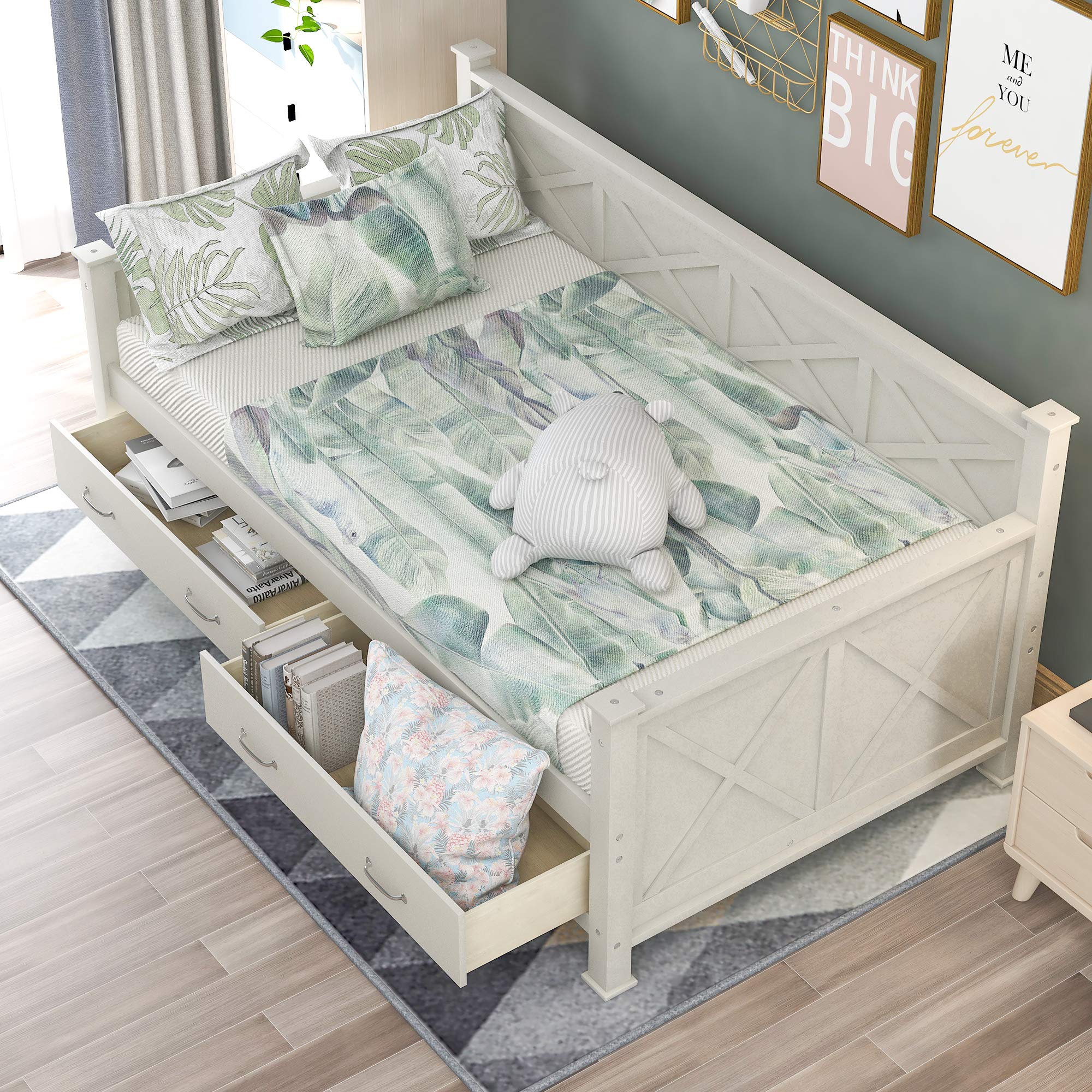 Twin Size Solid Wood Daybed Frame with 2 Storage Drawers,X-Shaped Backrest and Armrests,Low Profile Design,Perfect for Kids Room,Small Space,Apartment,No Box Spring Needed,Space Saving,Cream White