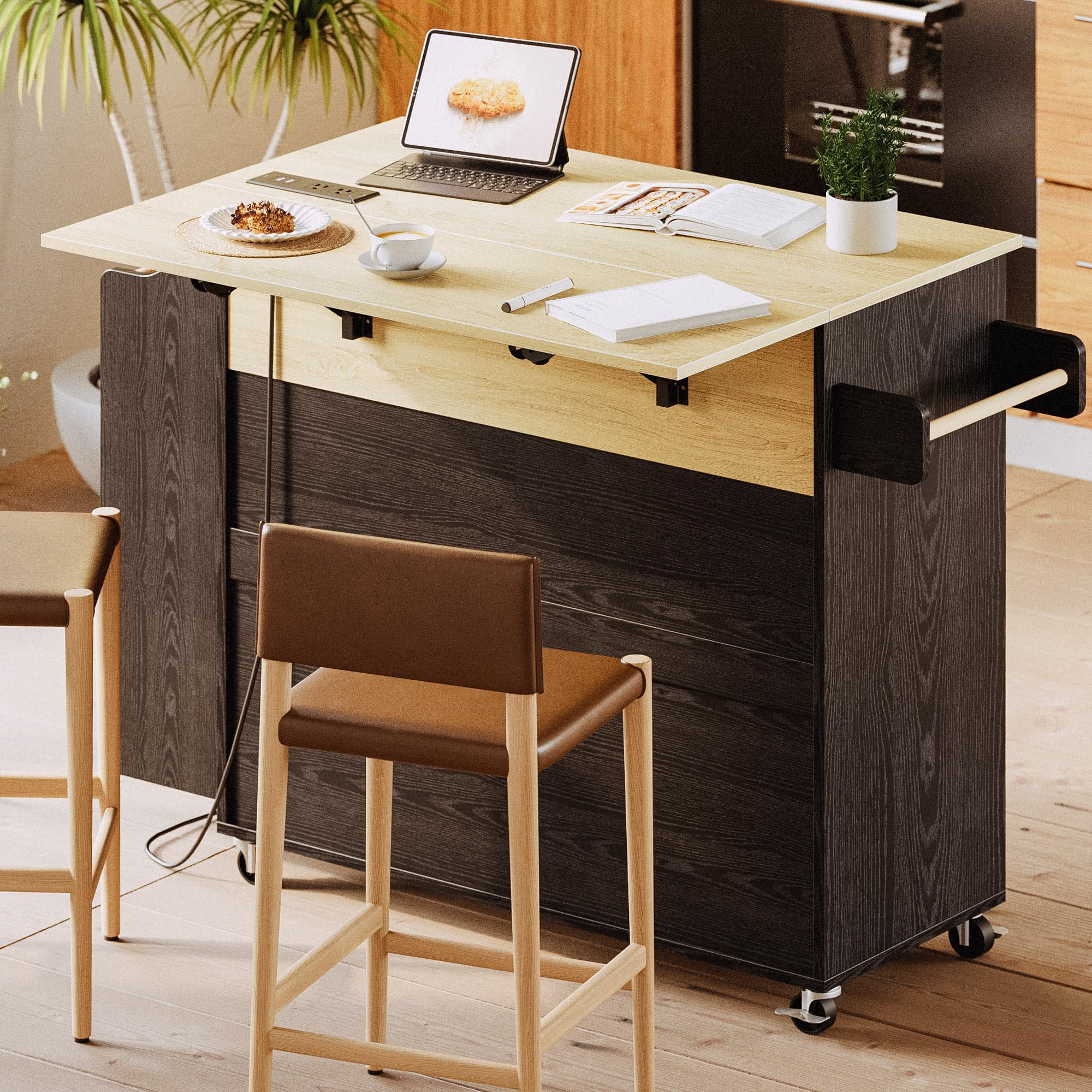Rolling Kitchen Island with Drop Leaf & Charging Station