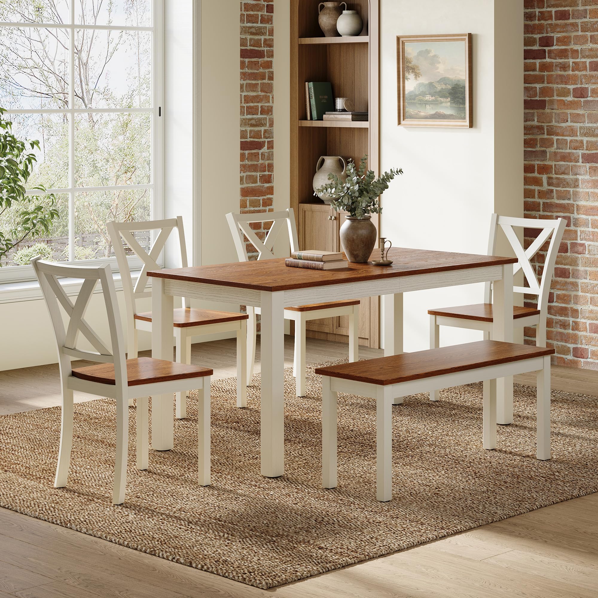 6-Piece Farmhouse Dining Table Set with Bench