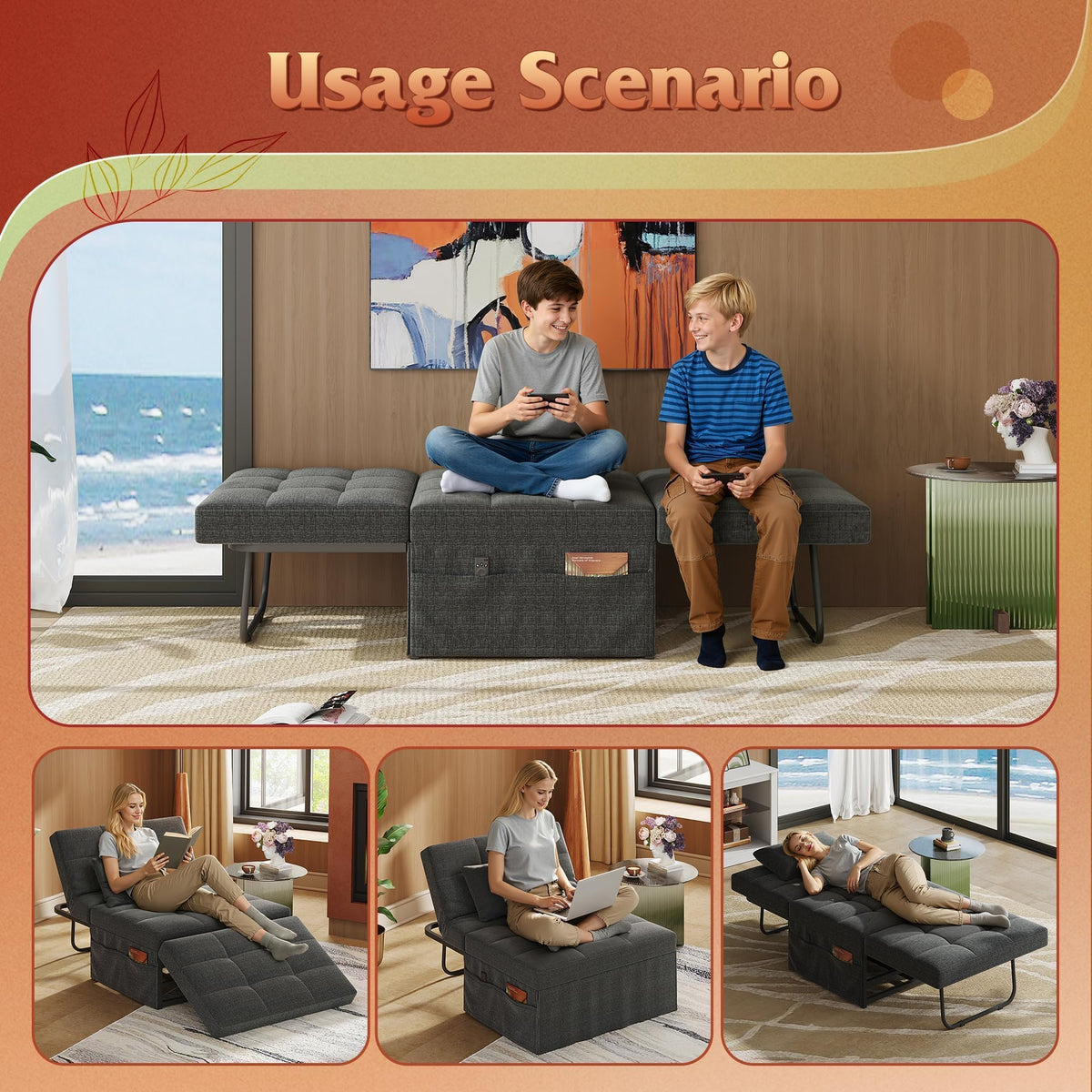 WLIVE Folding Ottoman Bed, 4-in-1 Multi-Function, Convertible Sofa Bed Foot Rest with Adjustable Back for Living Room, Dark Grey