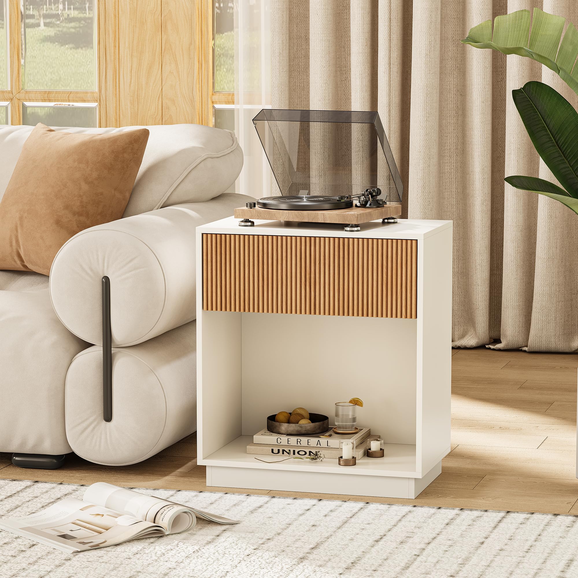 Fluted Nightstand Set of 2 with Drawer & Storage Shelf