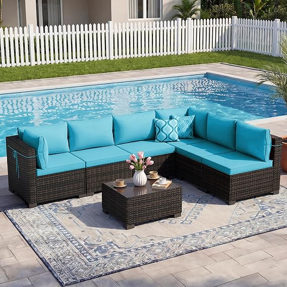 7-Piece Outdoor Rattan Patio Furniture Set with Tea Table