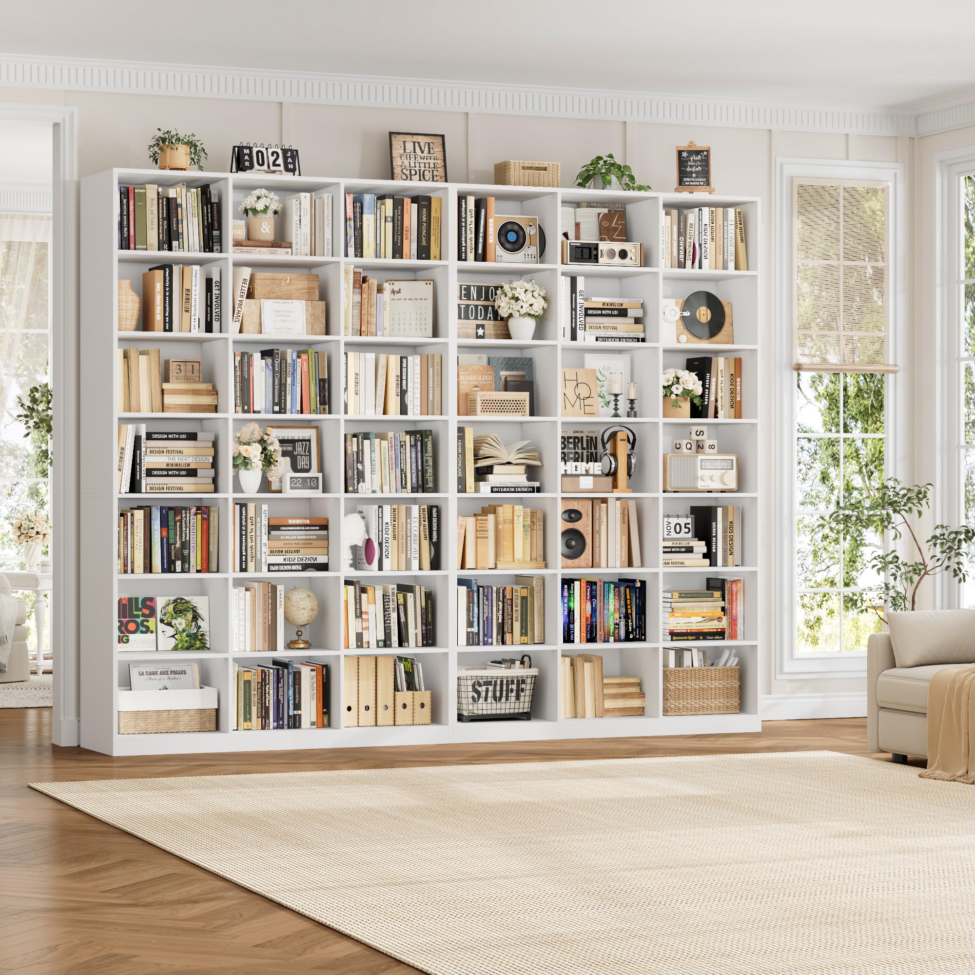 HOSTACK 86" H Triple Wide Bookshelf and Bookcase, 7 Tier Tall Bookshelf with Storage, Large Bookcase with 21 Open Display Storage Shelves, Wood Book Shelf Media CD DVD Storage for Living Room, White
