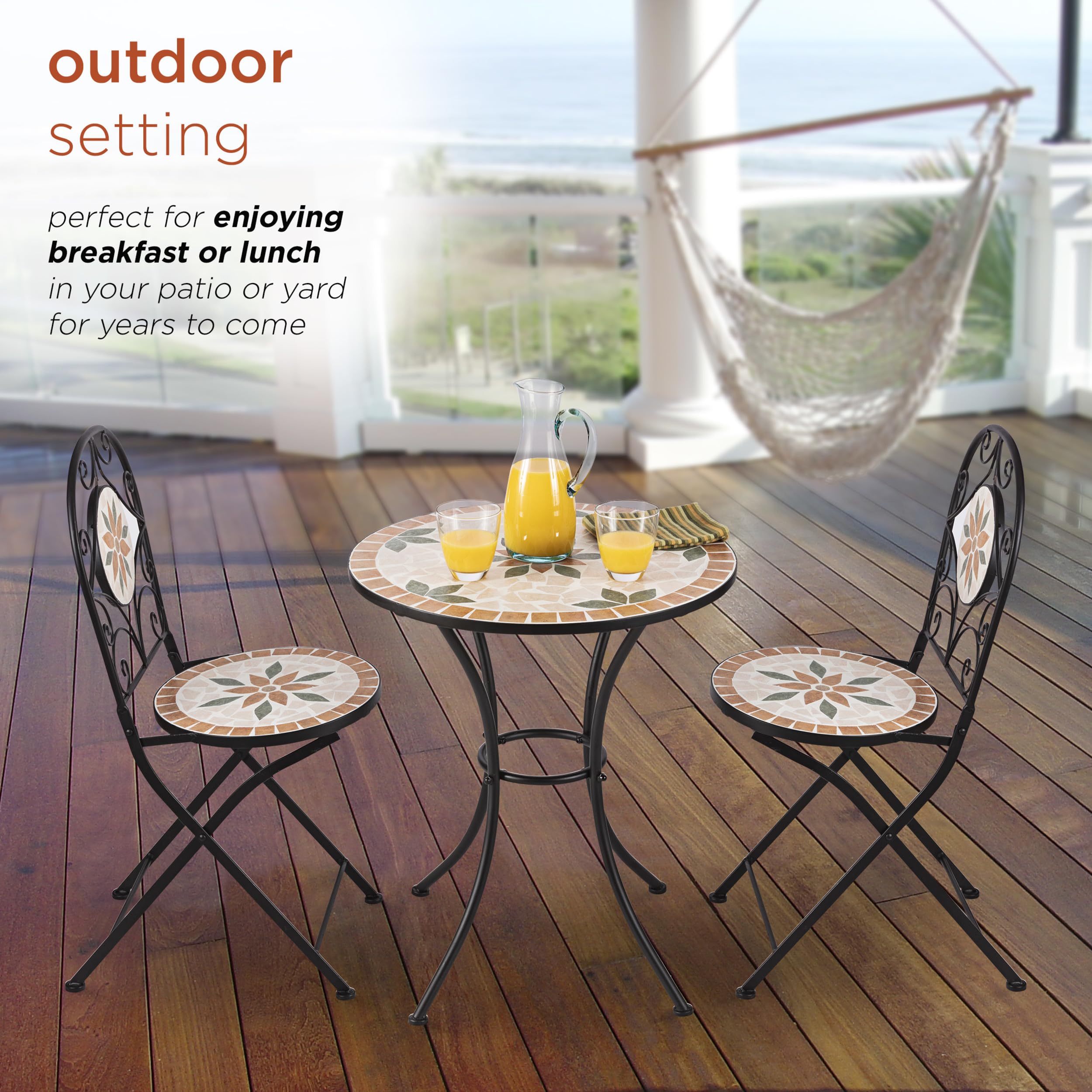 Alpine Corporation Indoor/Outdoor 3-Piece Mosaic Bistro Set Folding Table and Chairs Patio Seating, Tan