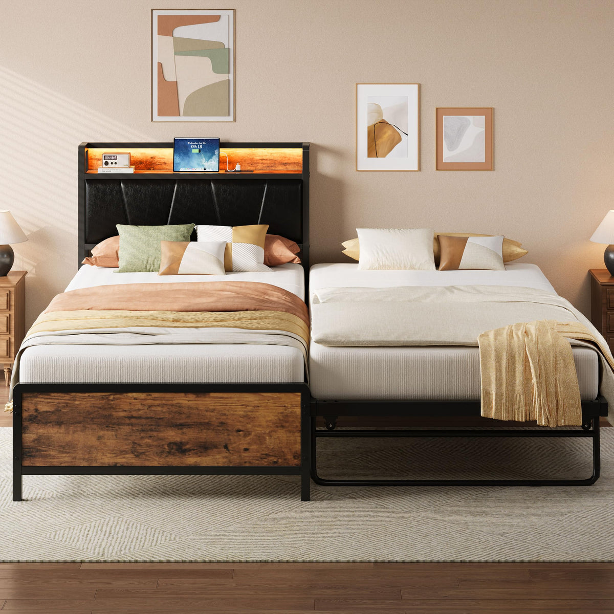 LIKIMIO Twin Daybed with Trundle Bed, Convertible to King, Lights, Charging
