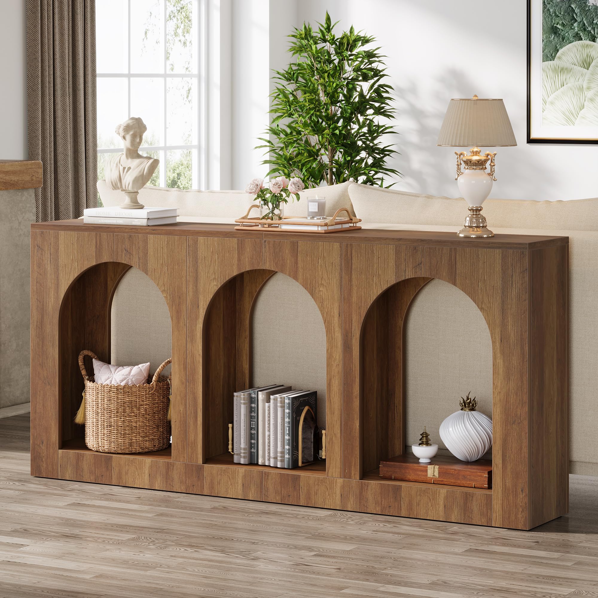 Tribesigns 70.9" Console Table with Storage, Wood Entryway Entry Table with 3 Arched Shelves for Foyer, Hallway, Living Room, Behind Couch Sofa, Narrow Long, Brown