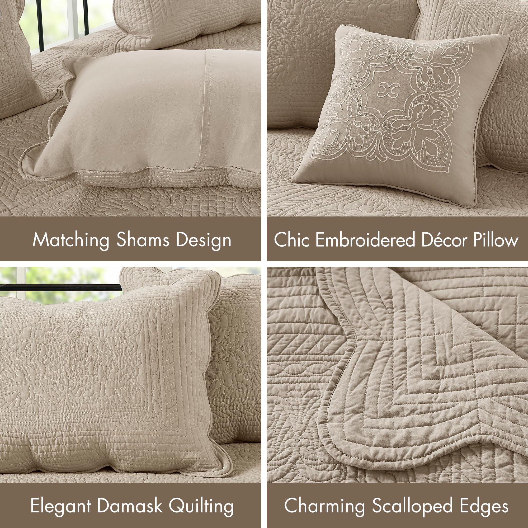 6-Piece Damask Quilted Daybed Cover Set with Scalloped Edge | All Season