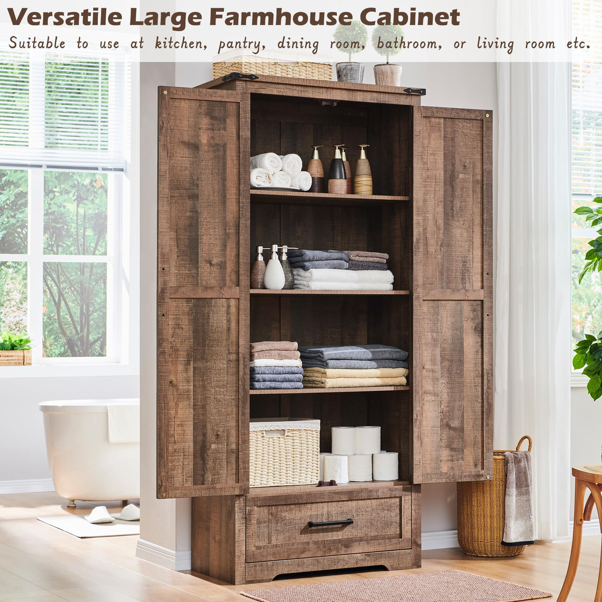 XIASLO 72" Tall Wood Storage Cabinet, Farmhouse Kitchen Pantry Cabinet with Adjustable Shelves & Drawer & Barn Doors, Versatile Storage for Kitchen, Dining Room, Bathroom, Light Brown