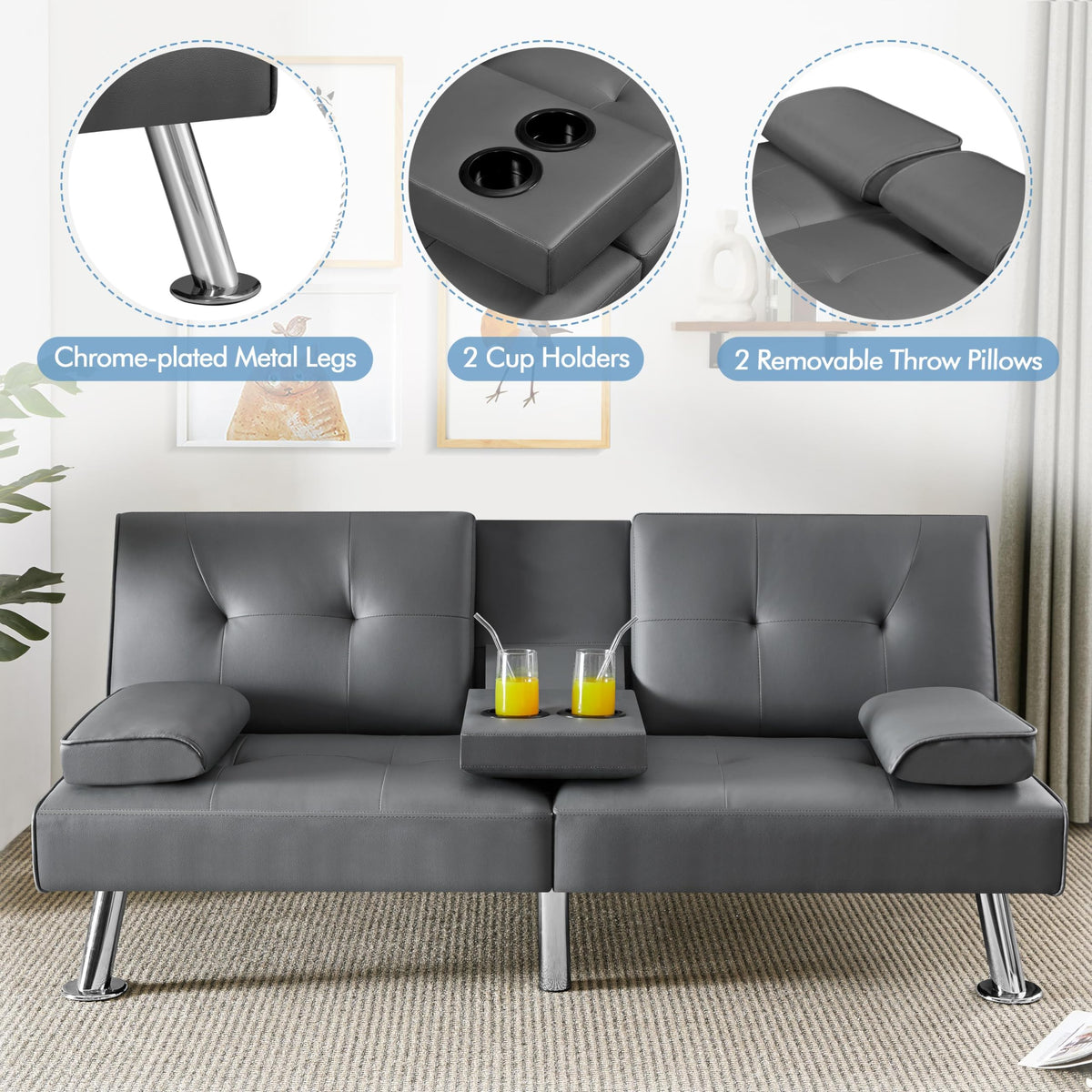 Convertible Futon Sofa Bed with Cup Holders