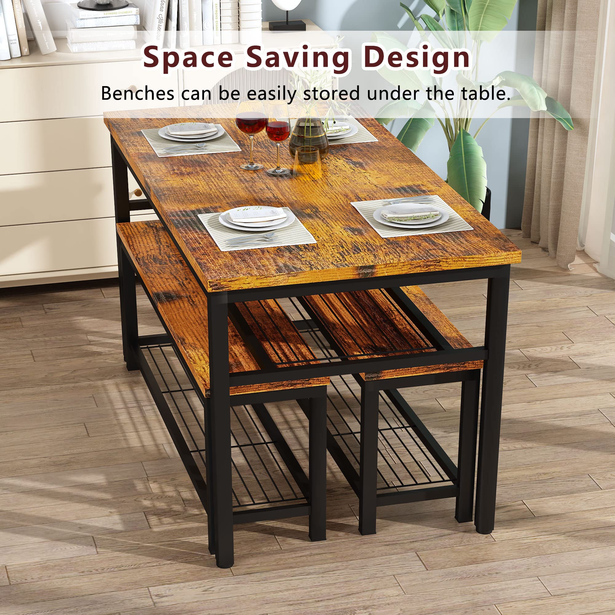 AWQM 43.3" Dining Table Set for 4, Kitchen Dining Table with 2 Benches, Dining Room Table Set with Metal Frame & Storage Rack for Kitchen, Restaurant, Rustic Brown