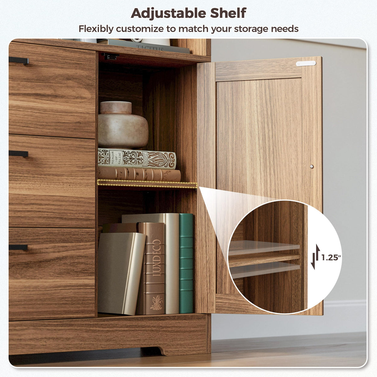 IRONCK Book Shelf 31.3 Inch Wide, Bookshelf with Doors and 3 Drawers, Brown