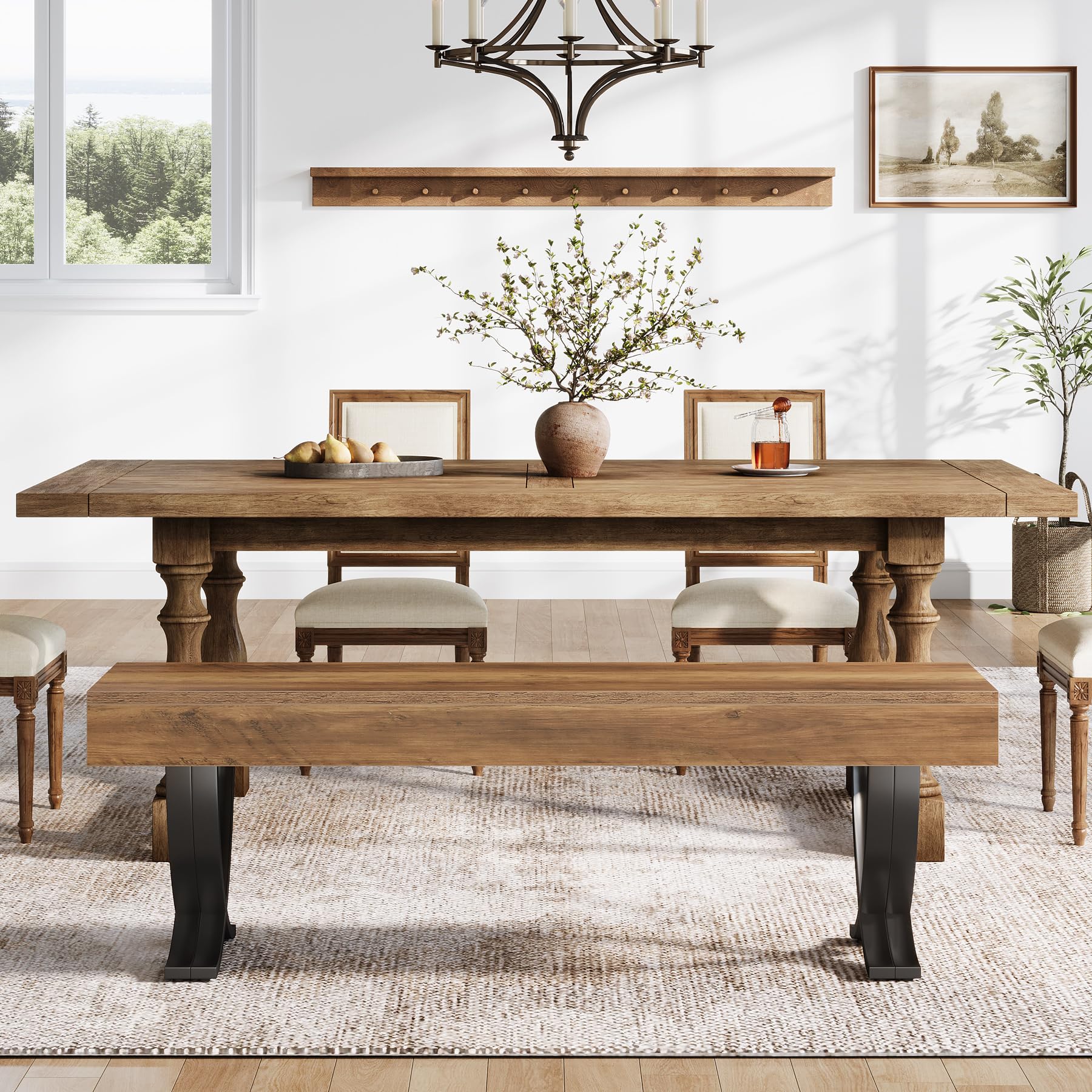 55-Inch Farmhouse Dining Bench with Metal X-Shaped Legs