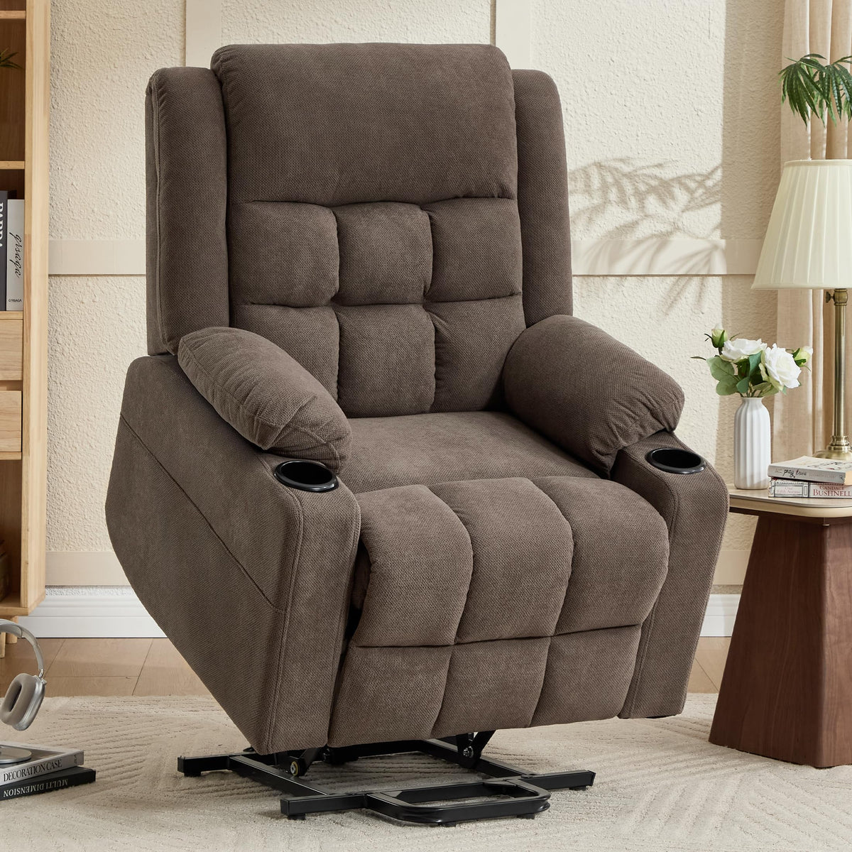 Power Lift Chair Recliners for Elderly with Heat and Massage, Recliner Chairs for Adults, Upgraded Fabric Recliner with USB & Type-C Charge Port, Cup Holders (Brown-O)