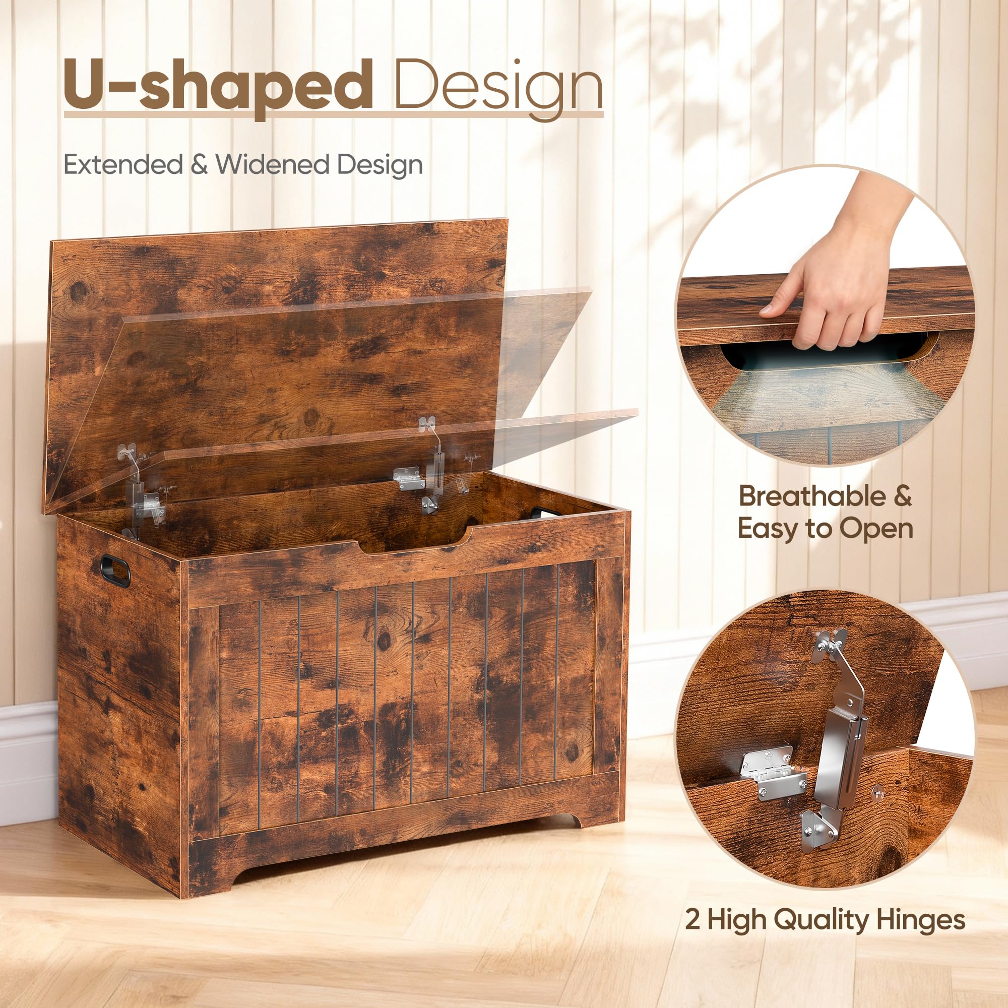 SUPER DEAL Storage Chest, 30 inches Chest Box Organizer with 2 Safety Hinges, Wooden Entryway Storage Bench, Rustic Brown