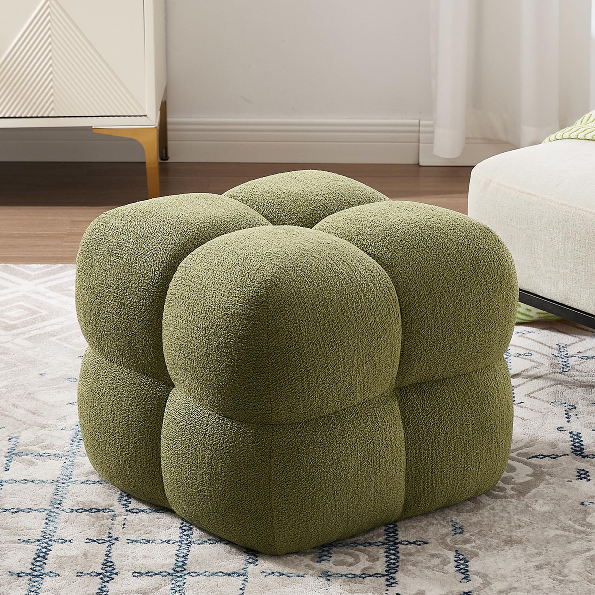 ONEVOG Olive Green‌ Modern Ottoman, 21" Square Fuzzy Couch Sherpa Pouf Ottoman, Tufted Cute Boucle Fabric Foot Stools, Upholsered Footrest & Coffee Table & Vanity Chair for Living Room Bedroom, Dorm
