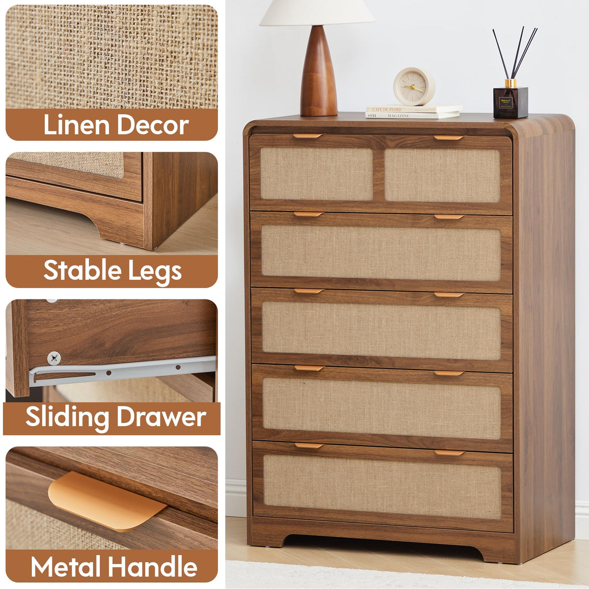 RUSTYER 43" Tall 5 Drawer Dresser for Bedroom, Modern Wood Dresser, Walnut