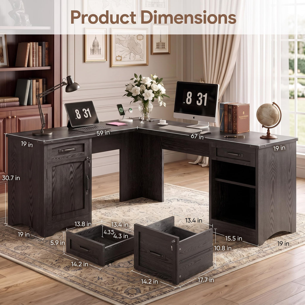 Decofy 67" Farmhouse L Shaped Standing Desk with Drawers Home Office Executive Desks with Fast Charging Station, Lockable File Cabinet, Wood Writing Computer Desk for Work, Study