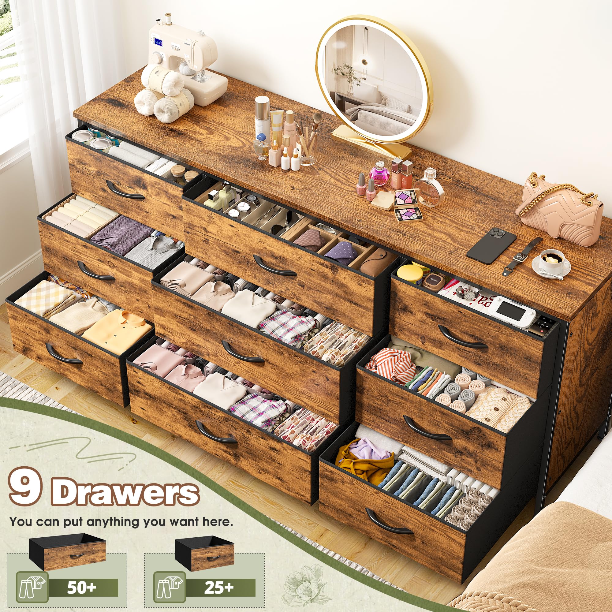 EnHomee Dresser for Bedroom, 9 Drawers Dresser TV Stand for 55, 60 Inch TV, Large Entertainment Center, Wide Chest of Drawers for Closet, Living Room, Rustic Brown