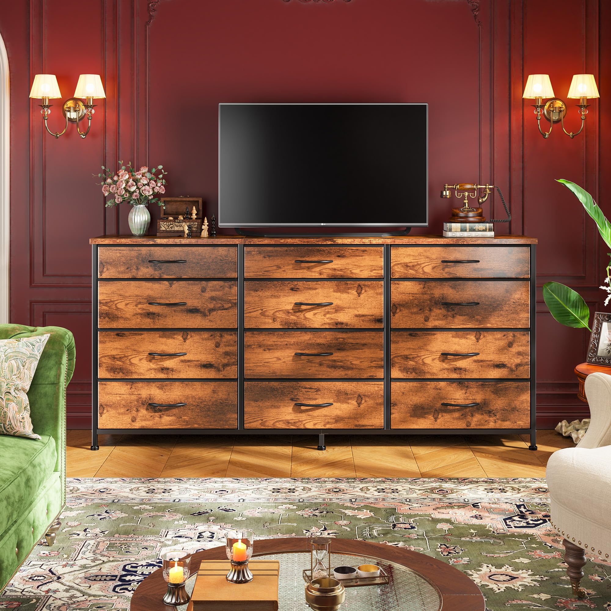 Romorgniz 55" Dresser for Bedroom with 12 Fabric Drawers, TV Stand for 60 inch TV Dressers & Chests of Drawers Large Organizer, Living Room, Metal Frame, Wood Top, Rustic Brown