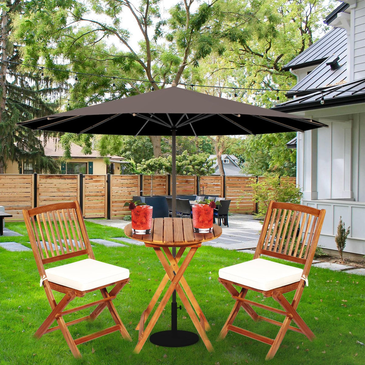 S AFSTAR Bistro Table and Chairs Set of 2, Acacia Wood Folding Bistro Set for 2 with Detachable Soft Cushions, 3PC Outdoor Wood Bistro Set for Patio, Balcony, Garden & Yard (Natural Color)