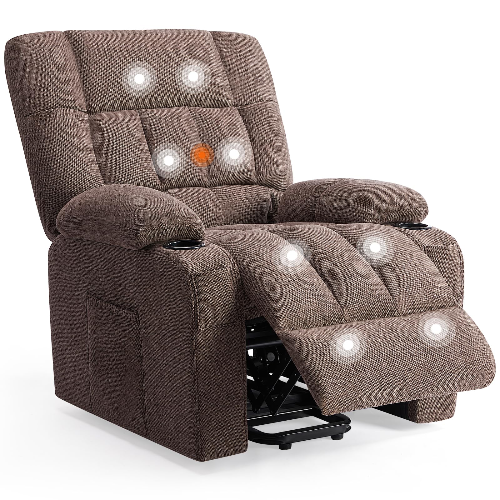 Sweetcrispy Power Lift Recliner Chair with Vibration Massage and Heat for Adults, Ergonomic Overstuffed Breathable Fabric Reclining Chair with Side Pockets, Remote Control, Living Room, Bedroom, Brown
