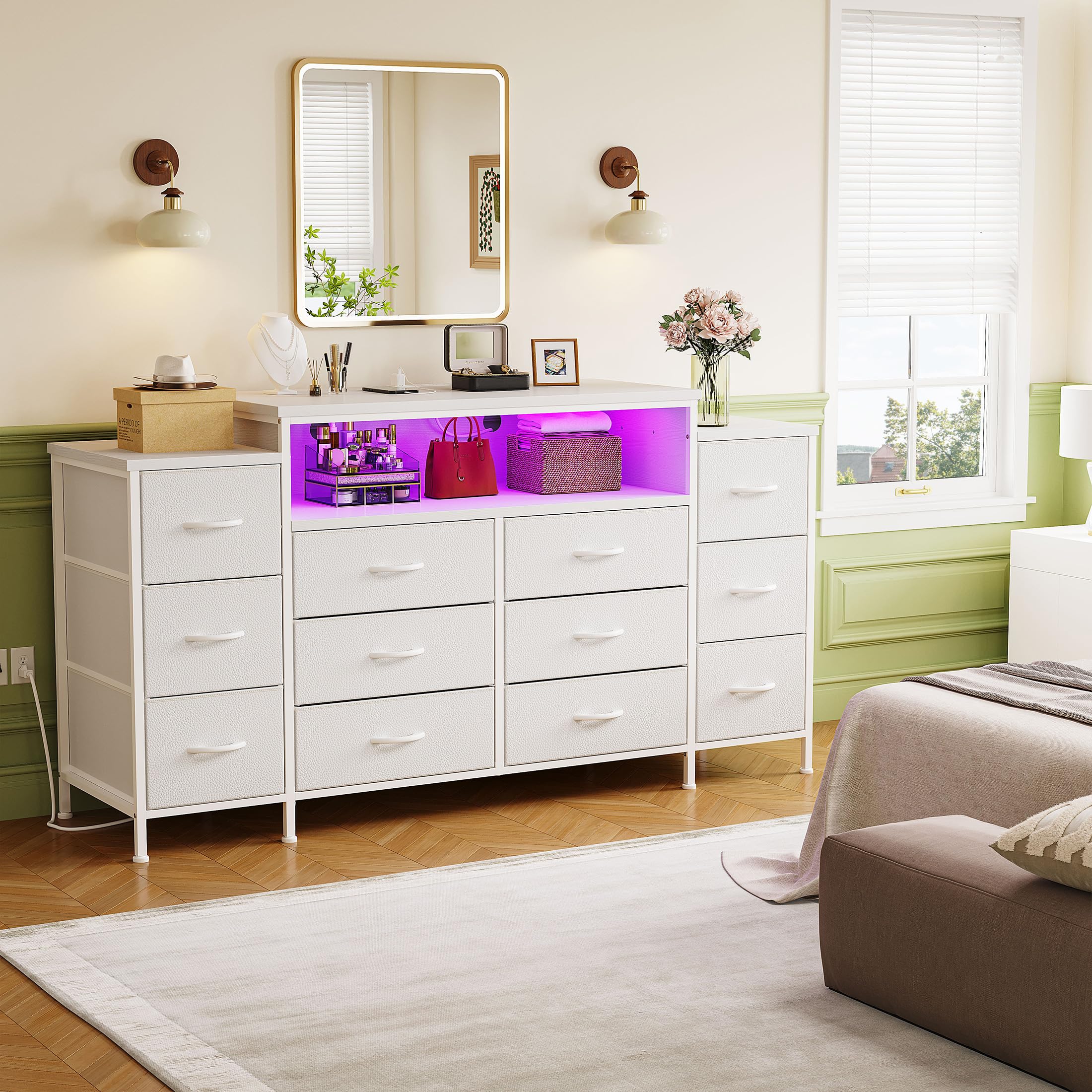 EnHomee 55" W Dresser for Bedroom with LED Lights & Charging Station 12 Drawer Dressers & Chests of Drawers Dresser TV Stand for Bedroom for Hanging 65" TV, Metal Frame & Fabric Drawers, White
