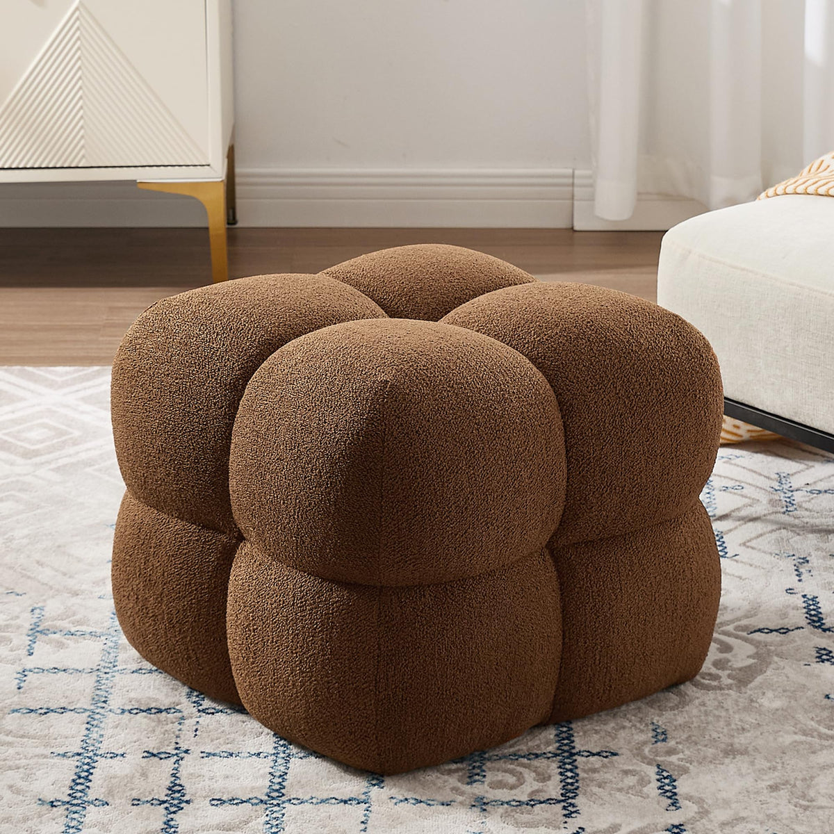 ONEVOG 21" Rust Brown Modern Ottoman, Square Fuzzy Couch Sherpa Pouf Ottoman, Tufted Fluffy Boucle Fabric Foot Stools, Upholsered Footrest & Coffee Table for Living Room Bedroom, Cute Pouf Home Decor
